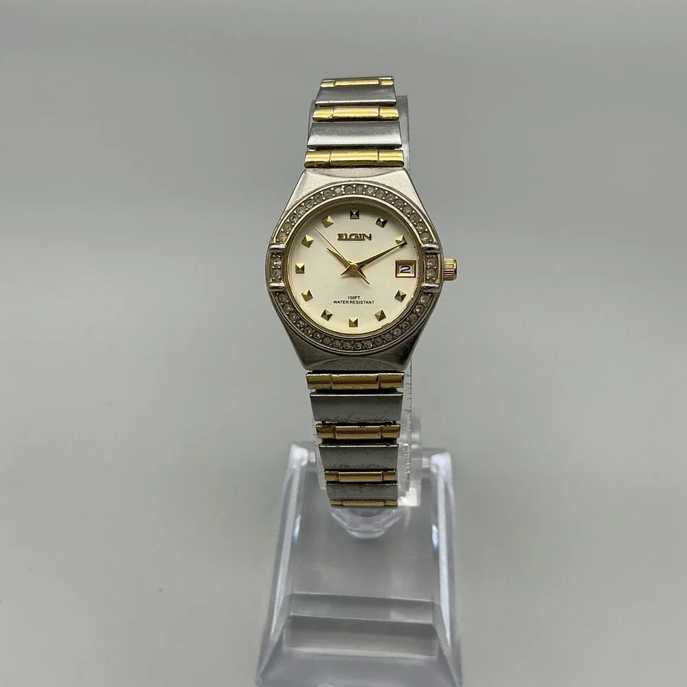 Elgin Womens Watch 24mm Cream Dial Two Tone Expansion Date New Battery
